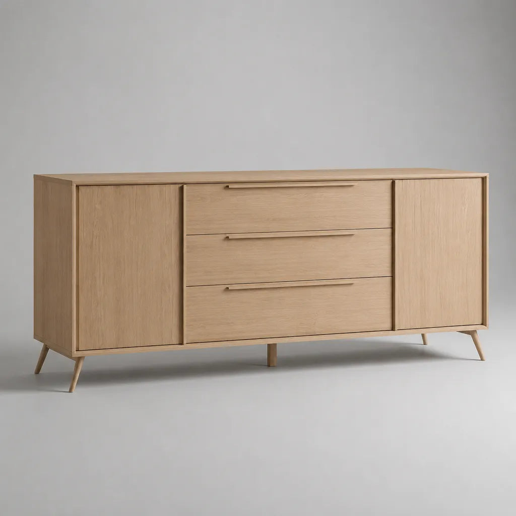 Buffet rectangulaire 2 portes et 3 tiroirs en MDF plaqué chêne, chêne massif et métal, chêne naturel et laiton, 180 × 45 × 85 cm