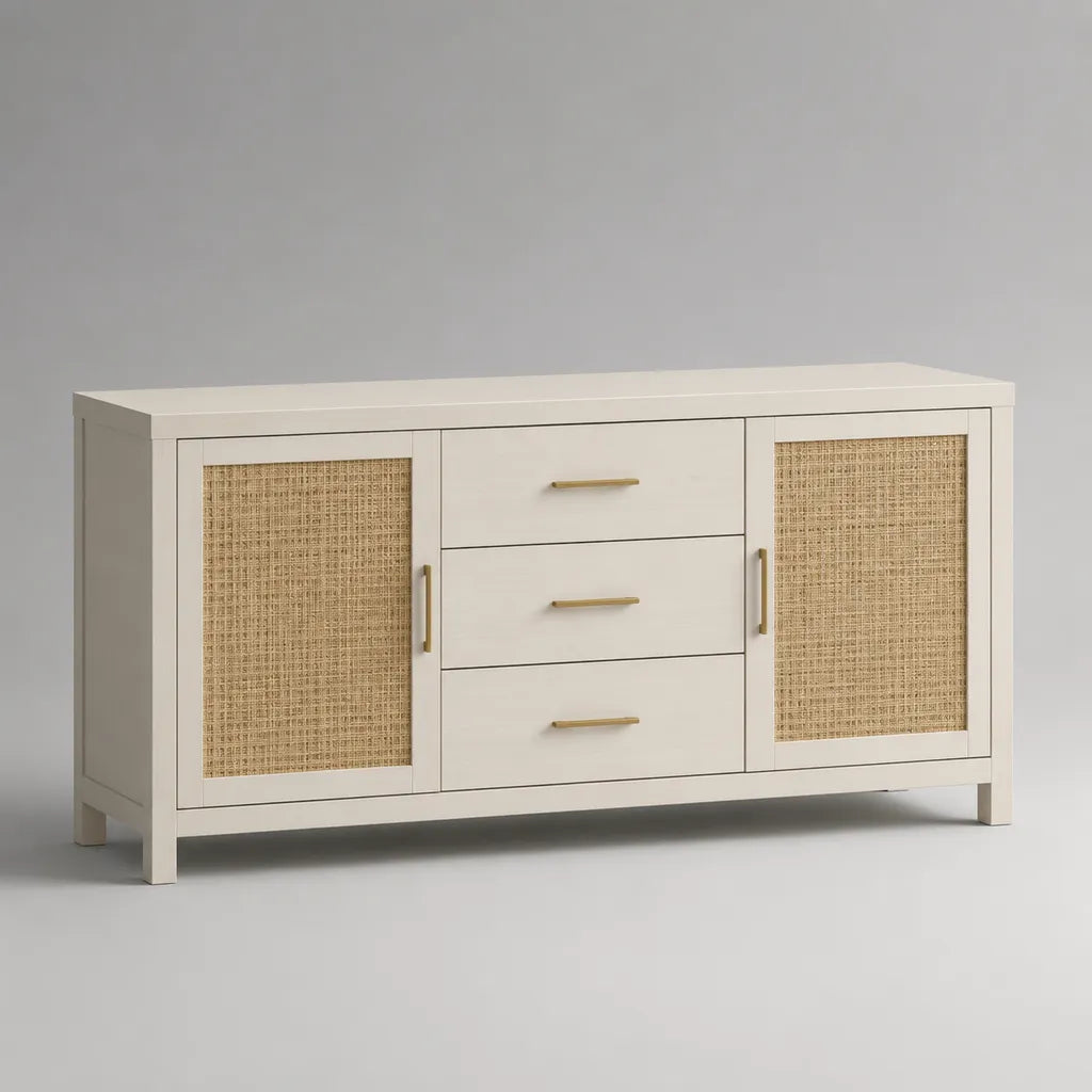 Buffet bas rectangulaire en MDF et rotin, 2 portes et 3 tiroirs, blanc cassé, beige et doré, 140 × 40 × 80 cm