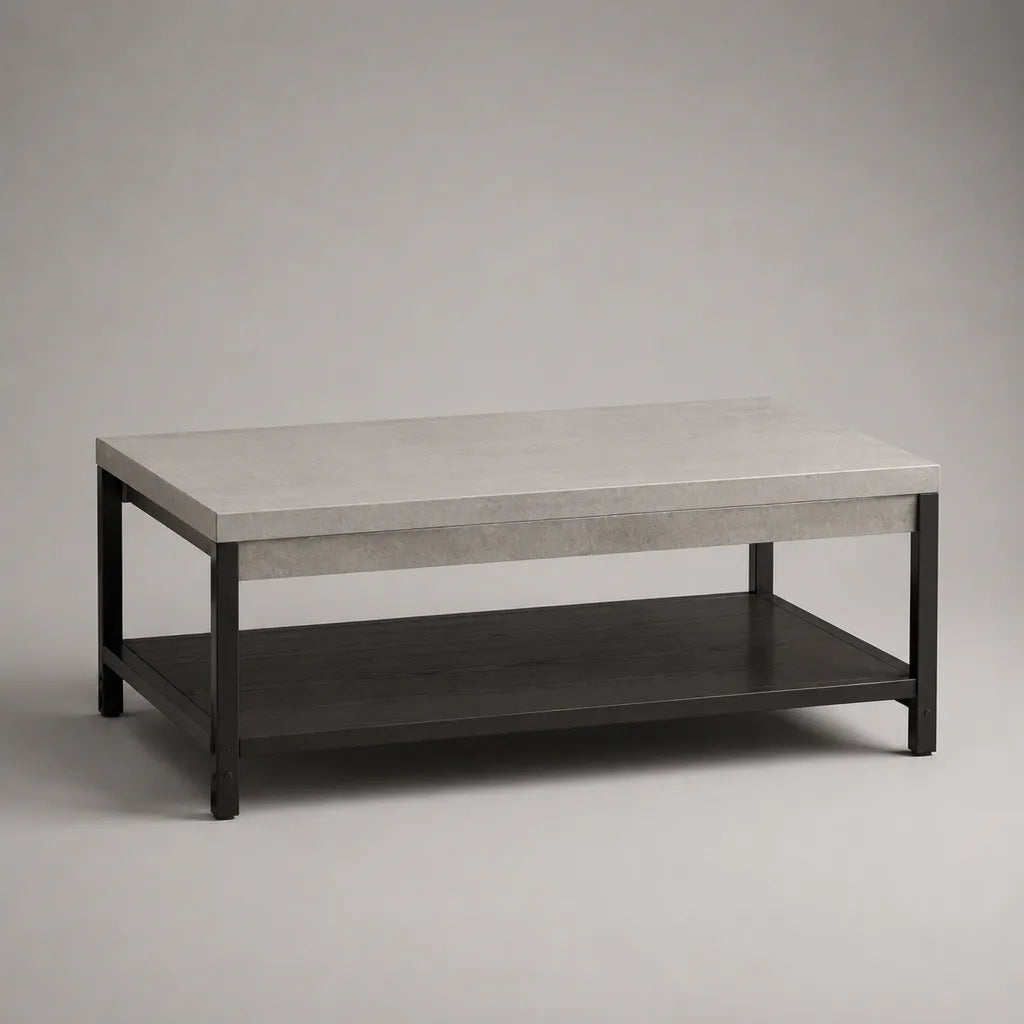 Table basse rectangulaire en bois et acier avec étagère, gris effet béton et noir, 100 × 55 × 45 cm