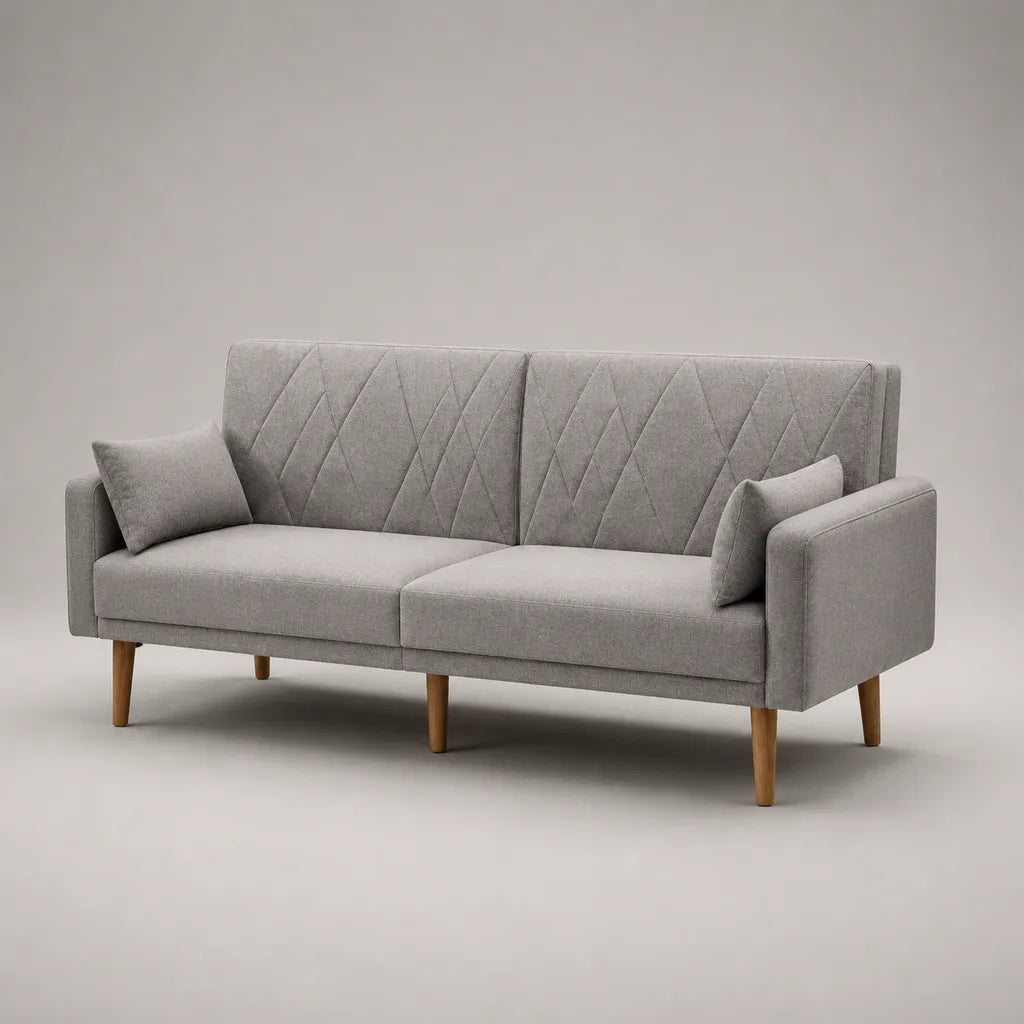 Canapé droit 3 places en tissu gris clair avec pieds en bois, 180 × 76 × 83 cm
