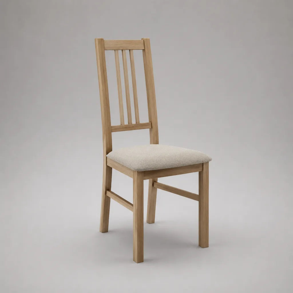 Chaise en chêne massif, assise rembourrée en tissu beige, 44 × 50 × 96 cm