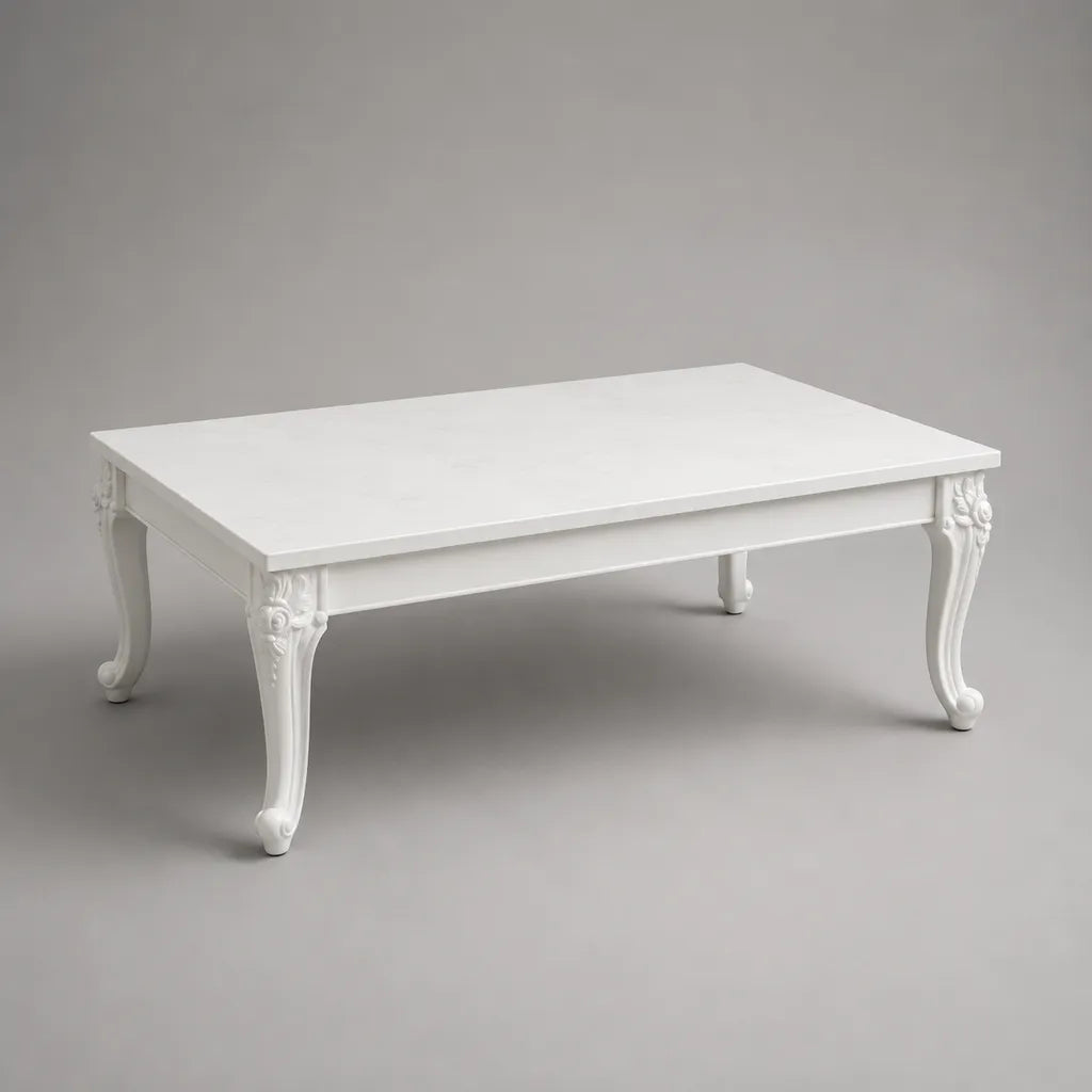 Table basse rectangulaire baroque en MDF et pin massif blanc, 110 × 60 × 45 cm