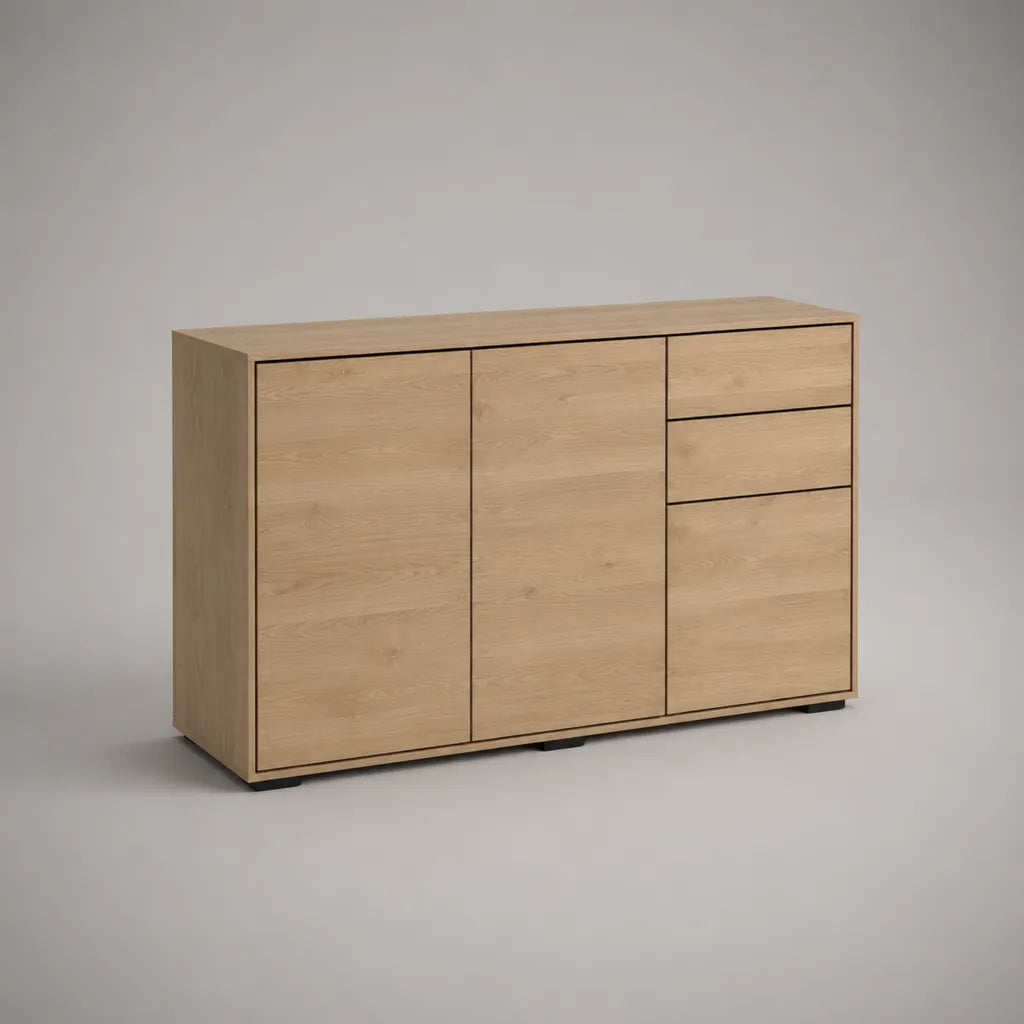 Buffet de rangement 2 portes et 3 tiroirs en MDF plaqué chêne clair et métal noir, 150 x 40 x 85 cm