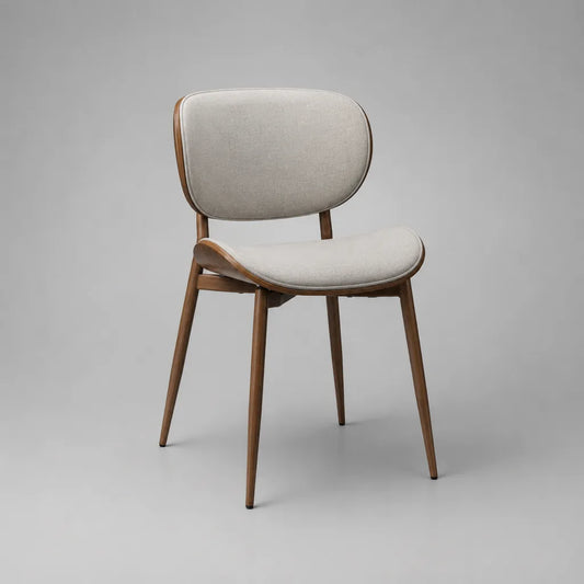 Chaise de salle à manger rembourrée en tissu beige clair avec cadre en bois finition noyer, 54 × 58 × 82 cm
