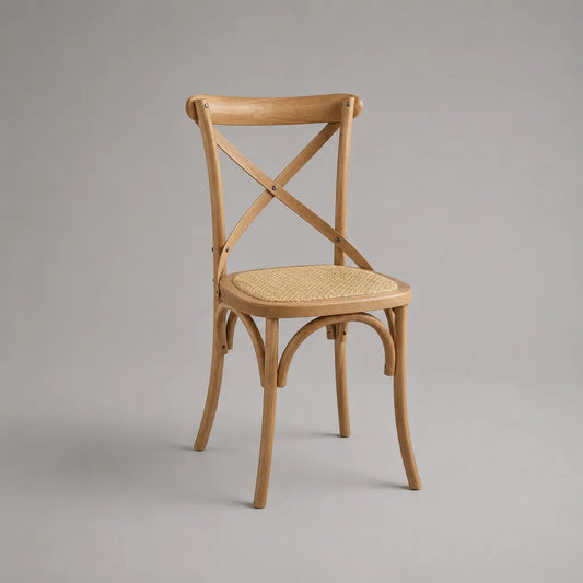 Chaise de salle à manger en hêtre massif et rotin naturel, dossier croisé, 46 × 52 × 89 cm, bois naturel et beige