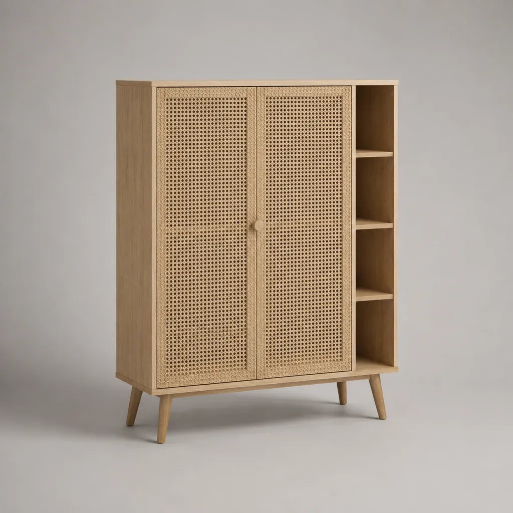 Buffet haut de rangement en bois avec 2 portes en cannage de rotin et 3 niches, chêne naturel et beige, 110 × 40 × 140 cm