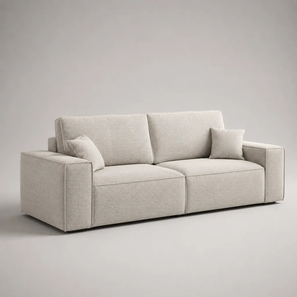 Canapé droit 3 places en tissu bouclé écru, 214 x 92 x 84 cm