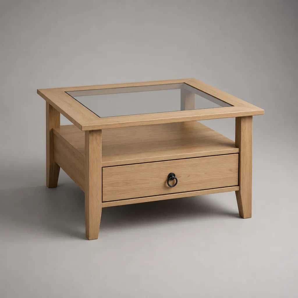 Table basse carrée avec tiroir et tablette en chêne massif et verre trempé, chêne naturel, 80 × 80 × 45 cm