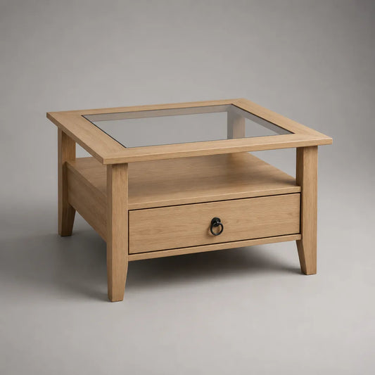 Table basse carrée avec tiroir et tablette en chêne massif et verre trempé, chêne naturel, 80 × 80 × 45 cm