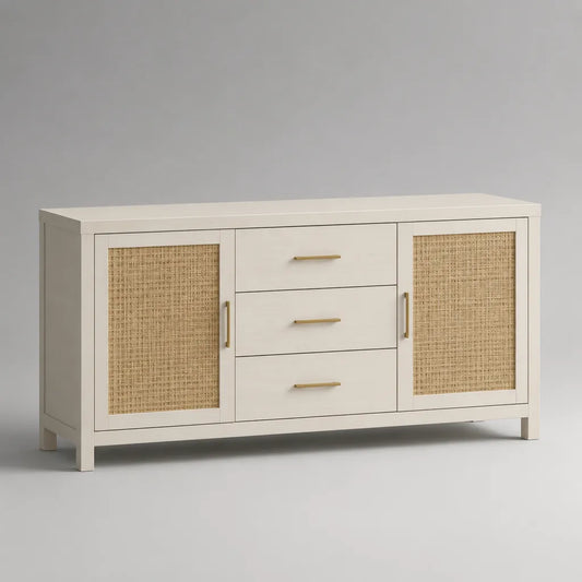 Buffet bas rectangulaire en MDF et rotin, 2 portes et 3 tiroirs, blanc cassé, beige et doré, 140 × 40 × 80 cm