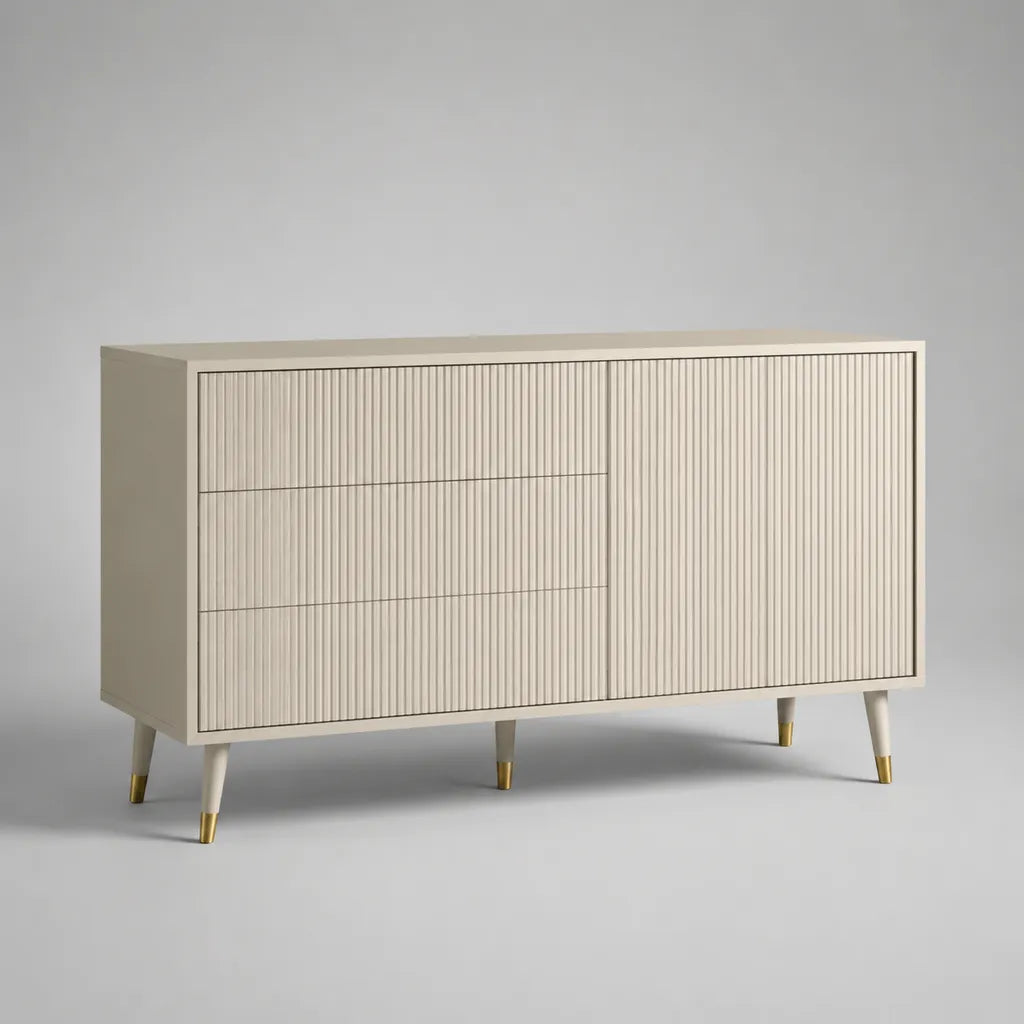 Buffet de rangement en MDF à façade rainurée, 3 tiroirs et 1 porte, 140 × 40 × 80 cm, ivoire et laiton