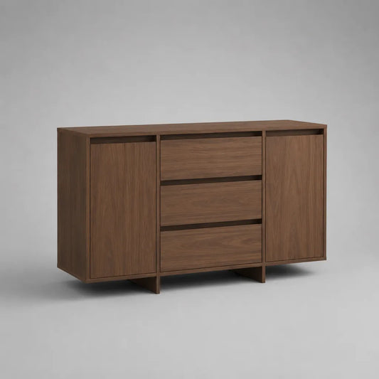 Buffet de rangement rectangulaire en bois marron noyer, 2 portes et 3 tiroirs, 140 × 40 × 80 cm