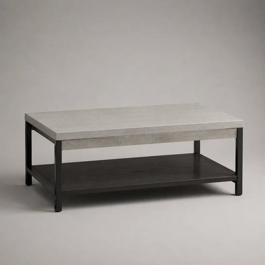 Table basse rectangulaire en bois et acier avec étagère, gris effet béton et noir, 100 × 55 × 45 cm