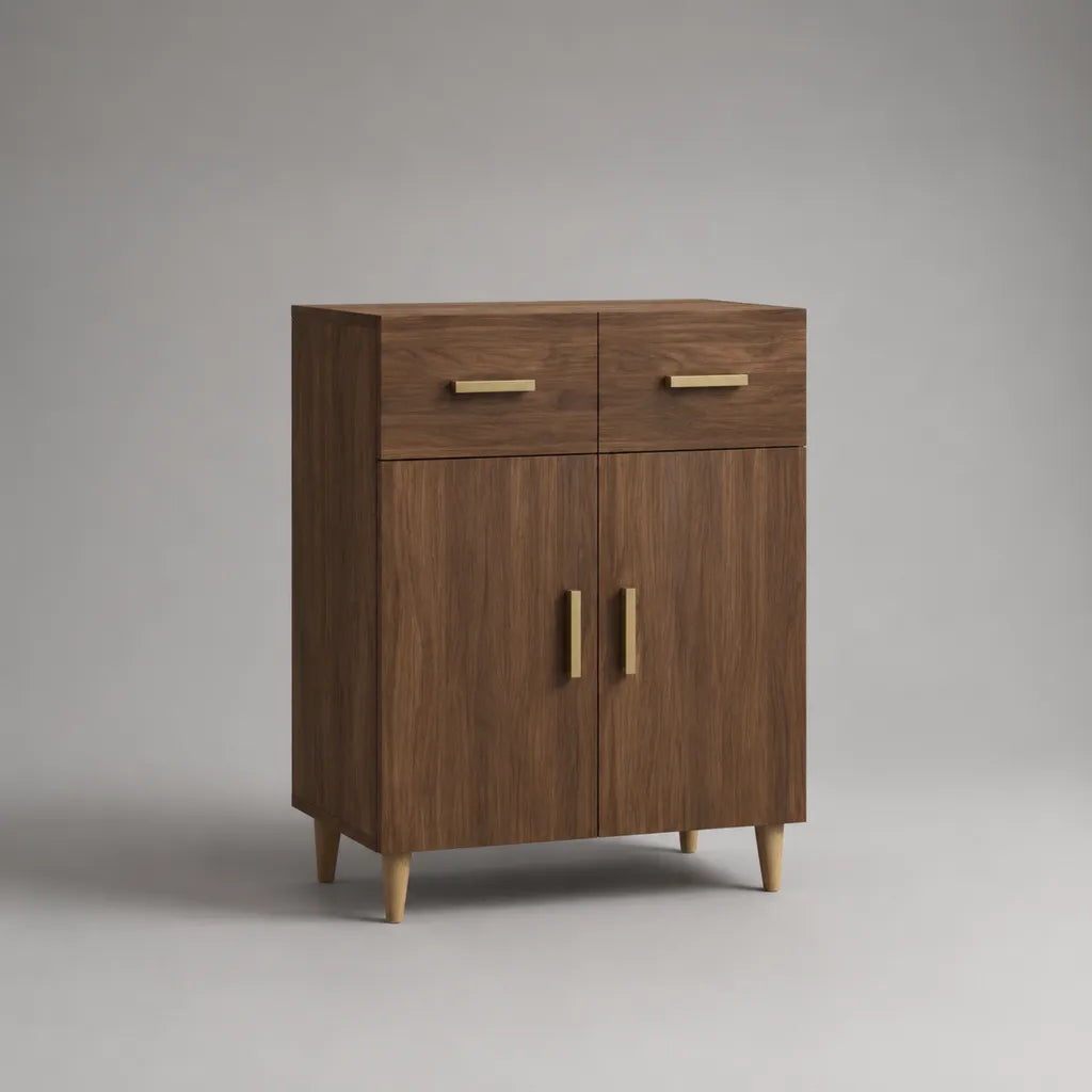 Buffet haut de rangement en bois à 2 portes et 2 tiroirs, marron noyer et doré, 90 × 40 × 110 cm