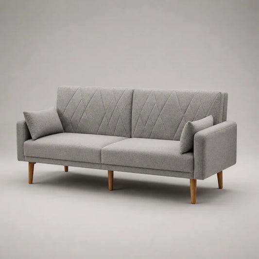 Canapé droit 3 places en tissu gris clair avec pieds en bois, 180 × 76 × 83 cm