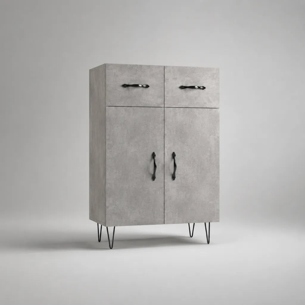 Buffet haut de rangement en bois et métal, 2 portes et 2 tiroirs, gris béton et noir, 80 × 40 × 120 cm