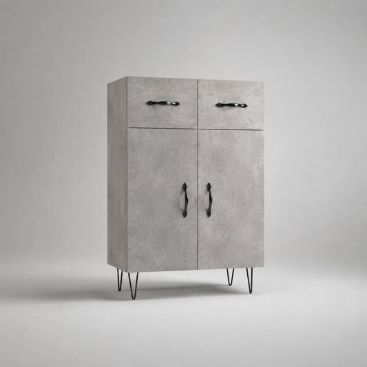Buffet haut de rangement en bois et métal, 2 portes et 2 tiroirs, gris béton et noir, 80 × 40 × 120 cm