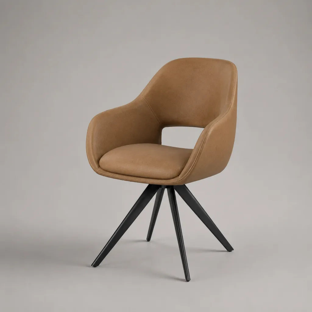Chaise pivotante avec accoudoirs en microfibre polyester caramel et pieds en acier noir, 60 × 61 × 84 cm