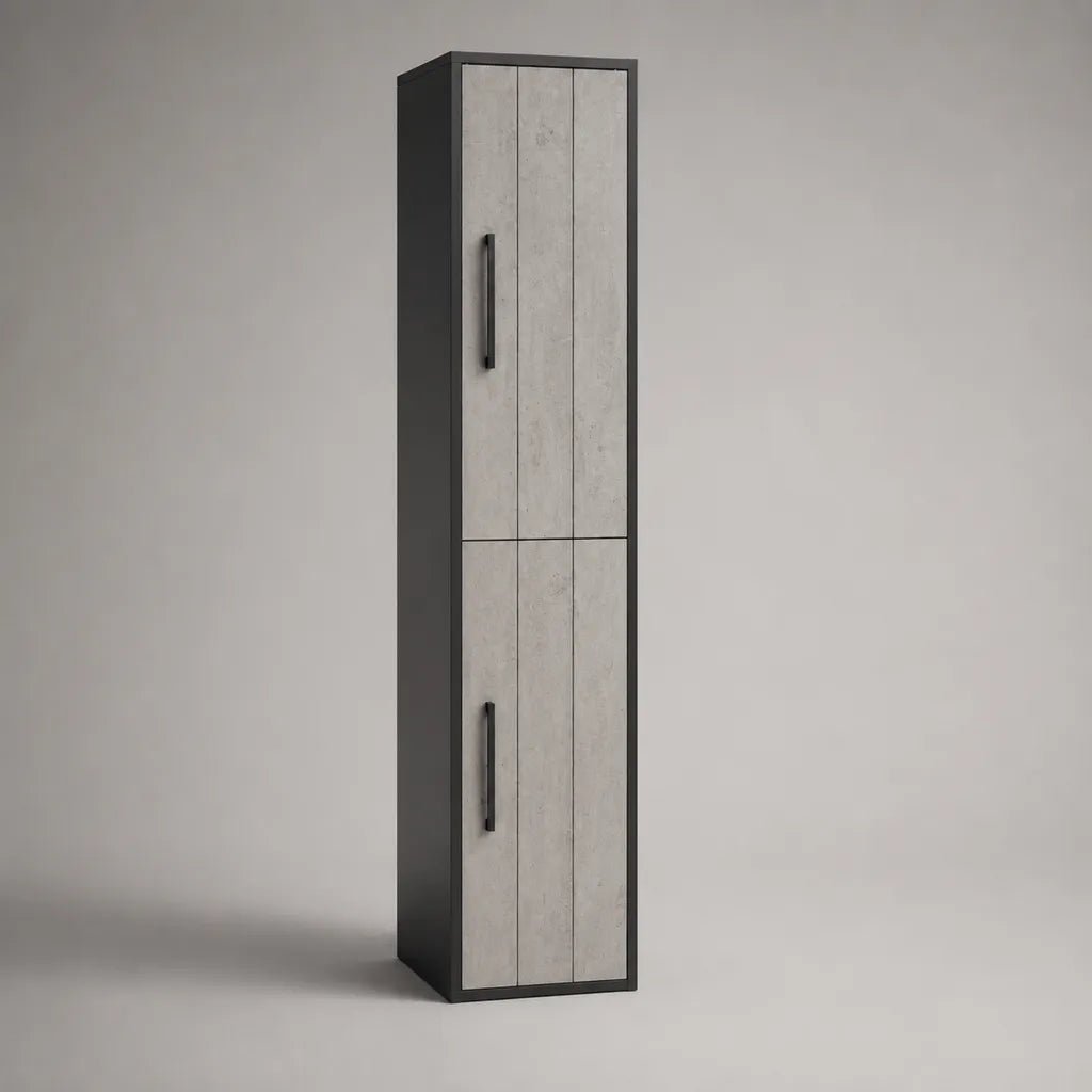 Colonne de salle de bains sur pied en panneaux de particules mélaminés gris béton et noir, 30 × 30 × 180 cm