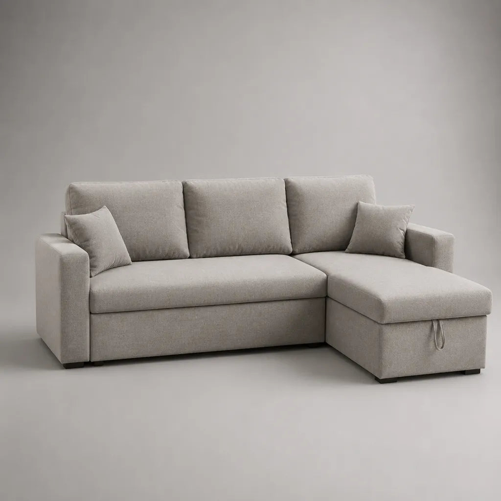 Canapé d’angle 3 places avec méridienne droite et coffre de rangement, revêtement en polyester gris clair, 223 × 147 × 86 cm