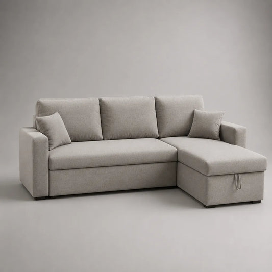 Canapé d’angle 3 places avec méridienne droite et coffre de rangement, revêtement en polyester gris clair, 223 × 147 × 86 cm