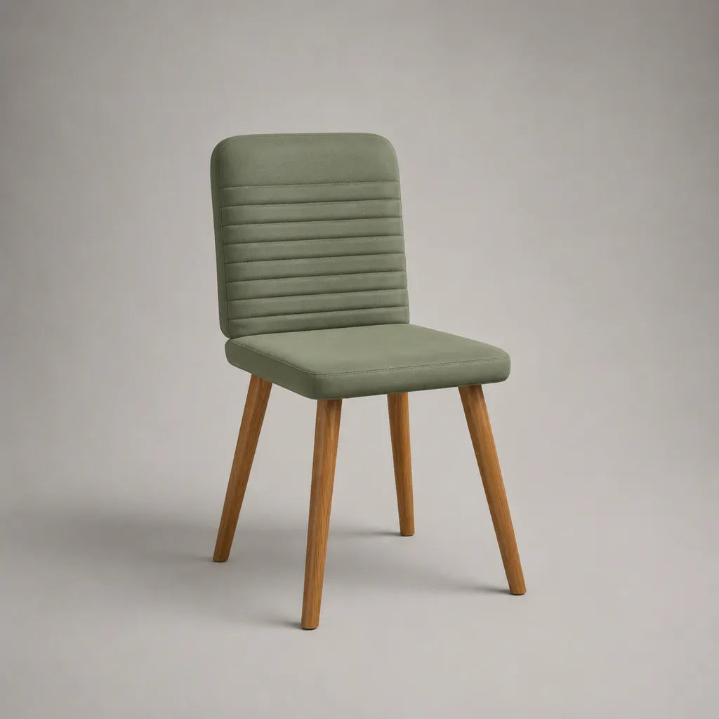 Chaise rembourrée en tissu vert olive avec dossier rectangulaire et pieds en bois, 46 × 55 × 85 cm