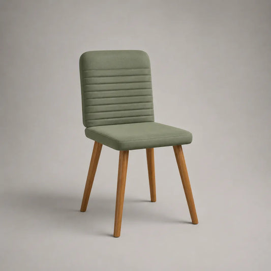Chaise rembourrée en tissu vert olive avec dossier rectangulaire et pieds en bois, 46 × 55 × 85 cm