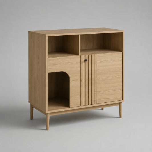Buffet haut rectangulaire en panneaux MDF, chêne naturel et noir, 1 porte et 3 niches, 90 x 40 x 100 cm