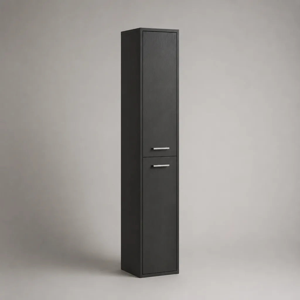 Colonne de salle de bain en panneaux de particules mélaminés, 2 portes, noir et argenté, 30 × 30 × 180 cm