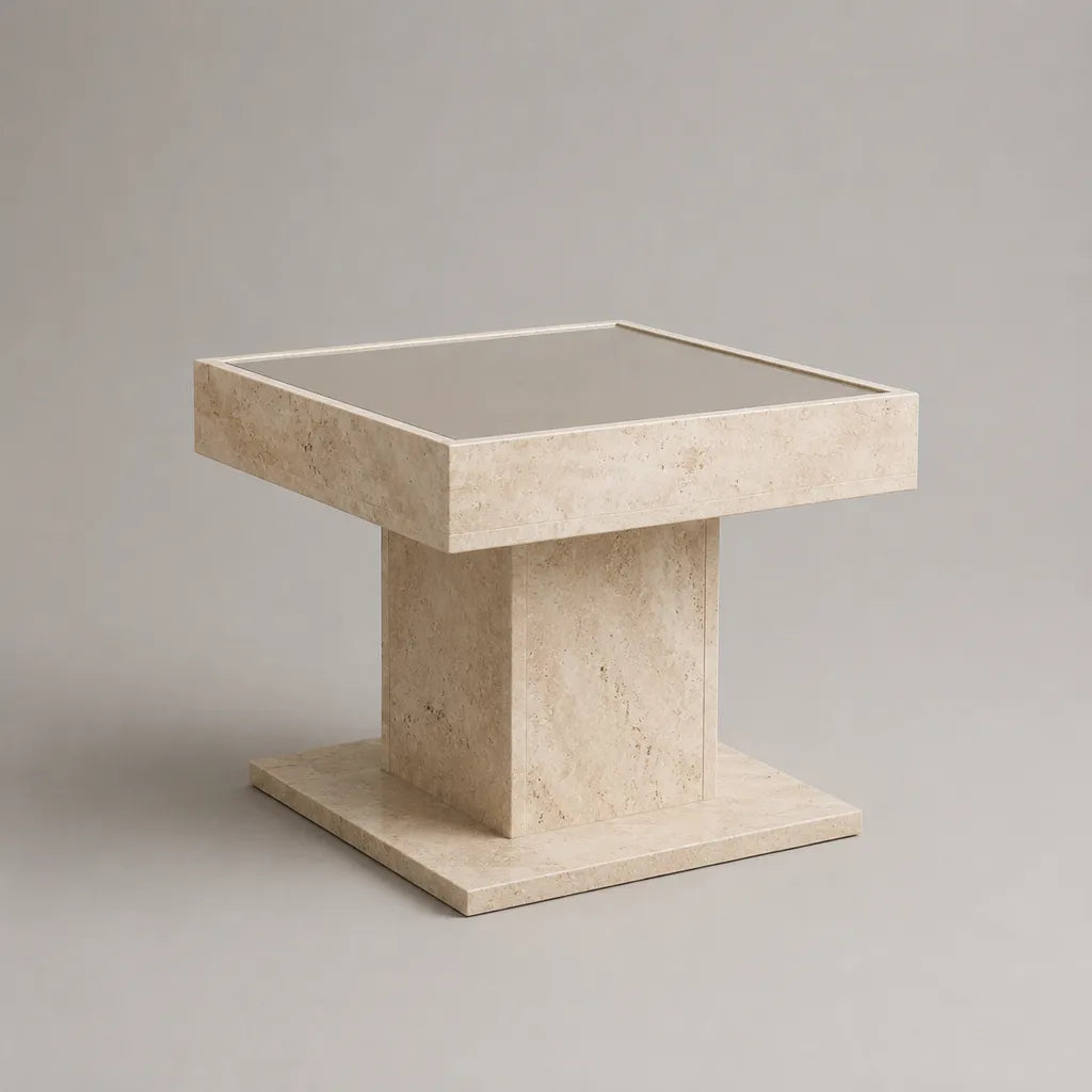 Table basse carrée en bois et verre, beige travertin et taupe, 60 × 60 × 50 cm