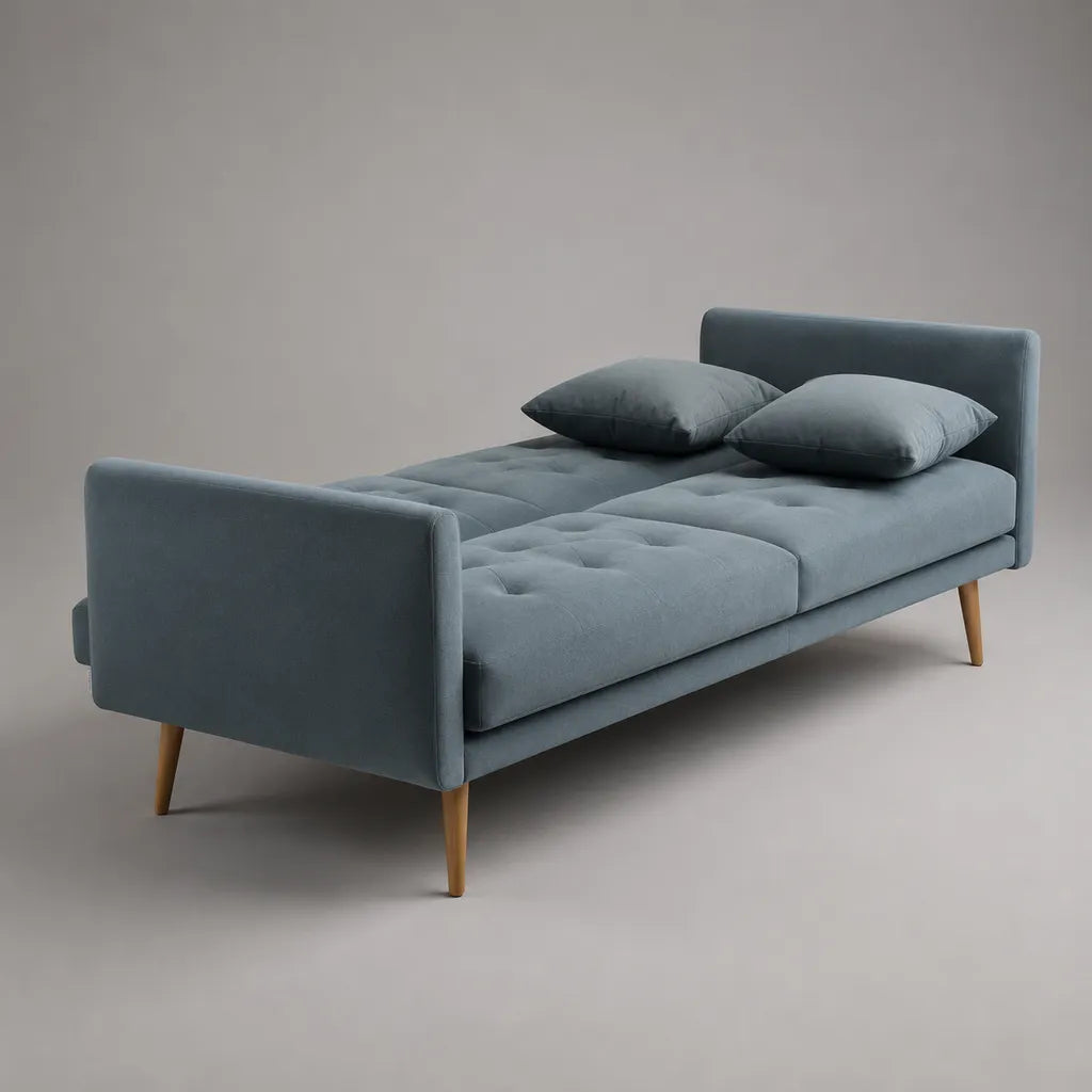 Canapé-lit convertible 2 places en velours polyester bleu gris, 190 × 85 × 82 cm