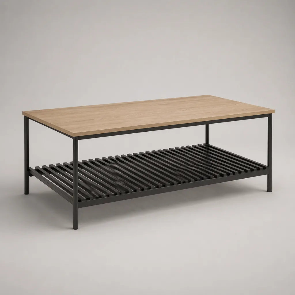 Table basse rectangulaire en bois et métal avec étagère, chêne clair et noir, 100 × 60 × 45 cm