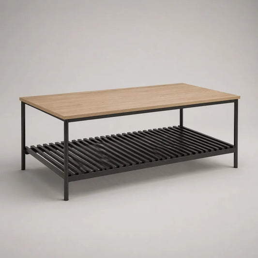 Table basse rectangulaire en bois et métal avec étagère, chêne clair et noir, 100 × 60 × 45 cm