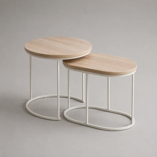 Lot de 2 tables basses gigognes ronde et ovale en MDF décor chêne et acier blanc – Ø 50 × H 55 cm et L 70 × l 45 × H 45 cm