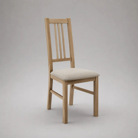 Chaise en chêne massif, assise rembourrée en tissu beige, 44 × 50 × 96 cm