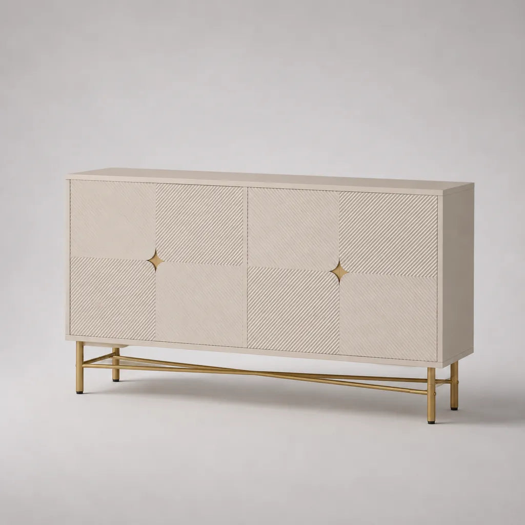 Buffet 4 portes en bois et métal, beige et doré, 160 × 40 × 80 cm