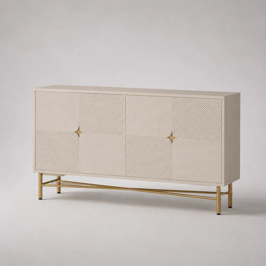 Buffet 4 portes en bois et métal, beige et doré, 160 × 40 × 80 cm