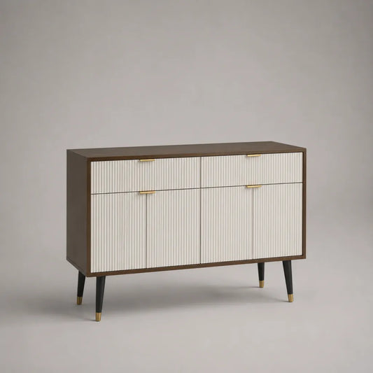 Buffet de rangement en MDF cannelé à 2 portes et 2 tiroirs, brun, blanc, noir et laiton, 120 × 40 × 85 cm