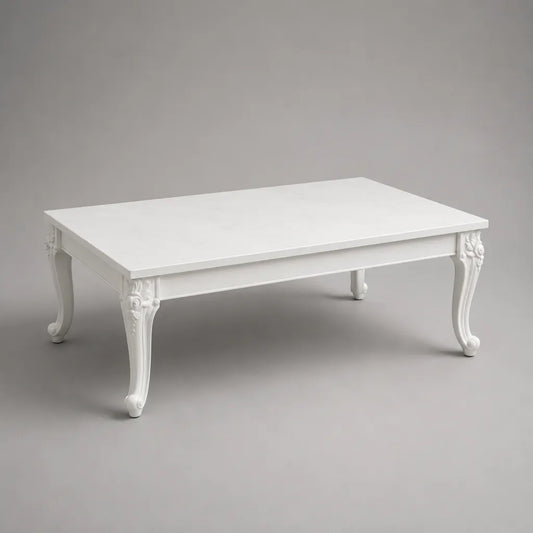 Table basse rectangulaire baroque en MDF et pin massif blanc, 110 × 60 × 45 cm