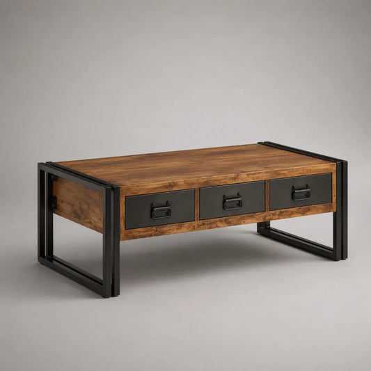 Table basse rectangulaire en bois et acier avec 3 tiroirs, 100 × 50 × 40 cm, marron et noir